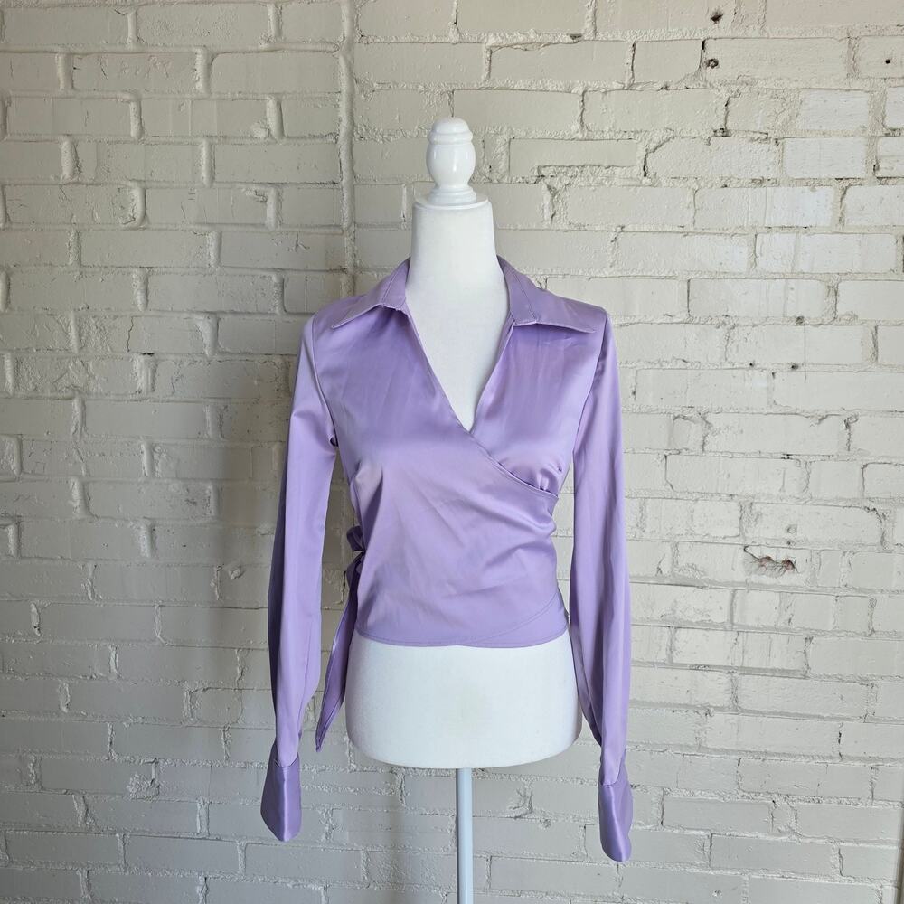 ​Vintage Evolution Lavender Satin Wrap Top | Size M | Y2K Cropped Long Sleeve